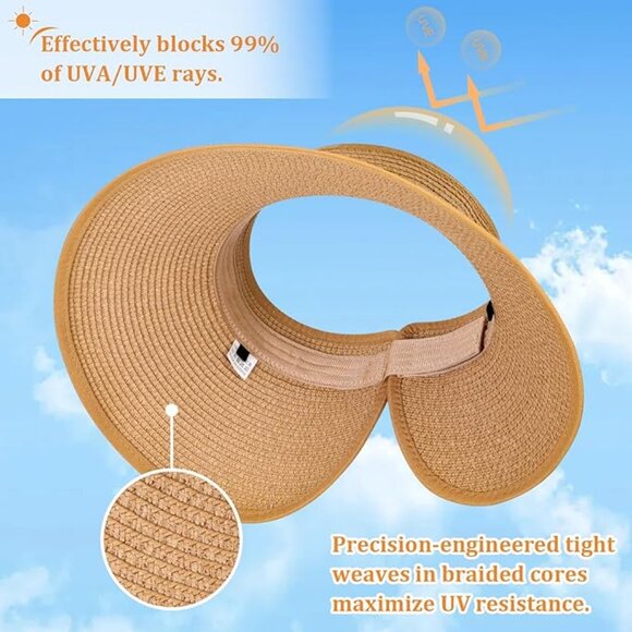 Sun Visor Hats for Women, Summer Packable Straw Beach Hat UV Protection
